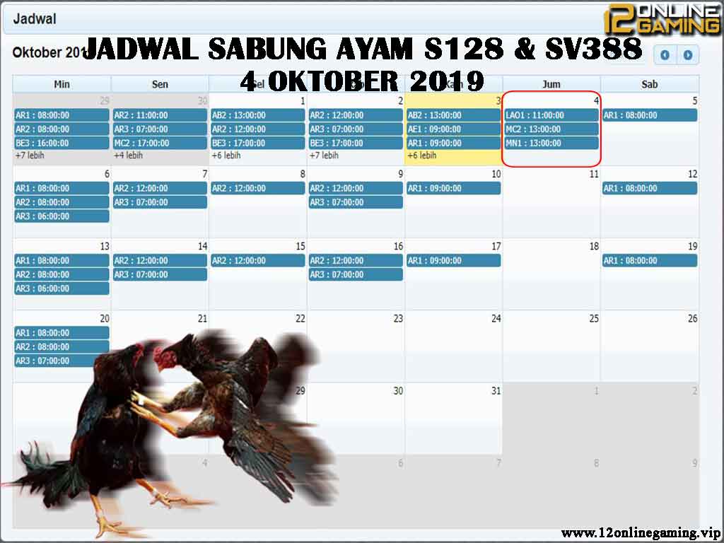 Jadwal Sabung Ayam S128 Dan SV388 4 Oktober 2019